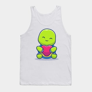 Cute Turtle Sit Holding Love Cartoon Illustration Tank Top